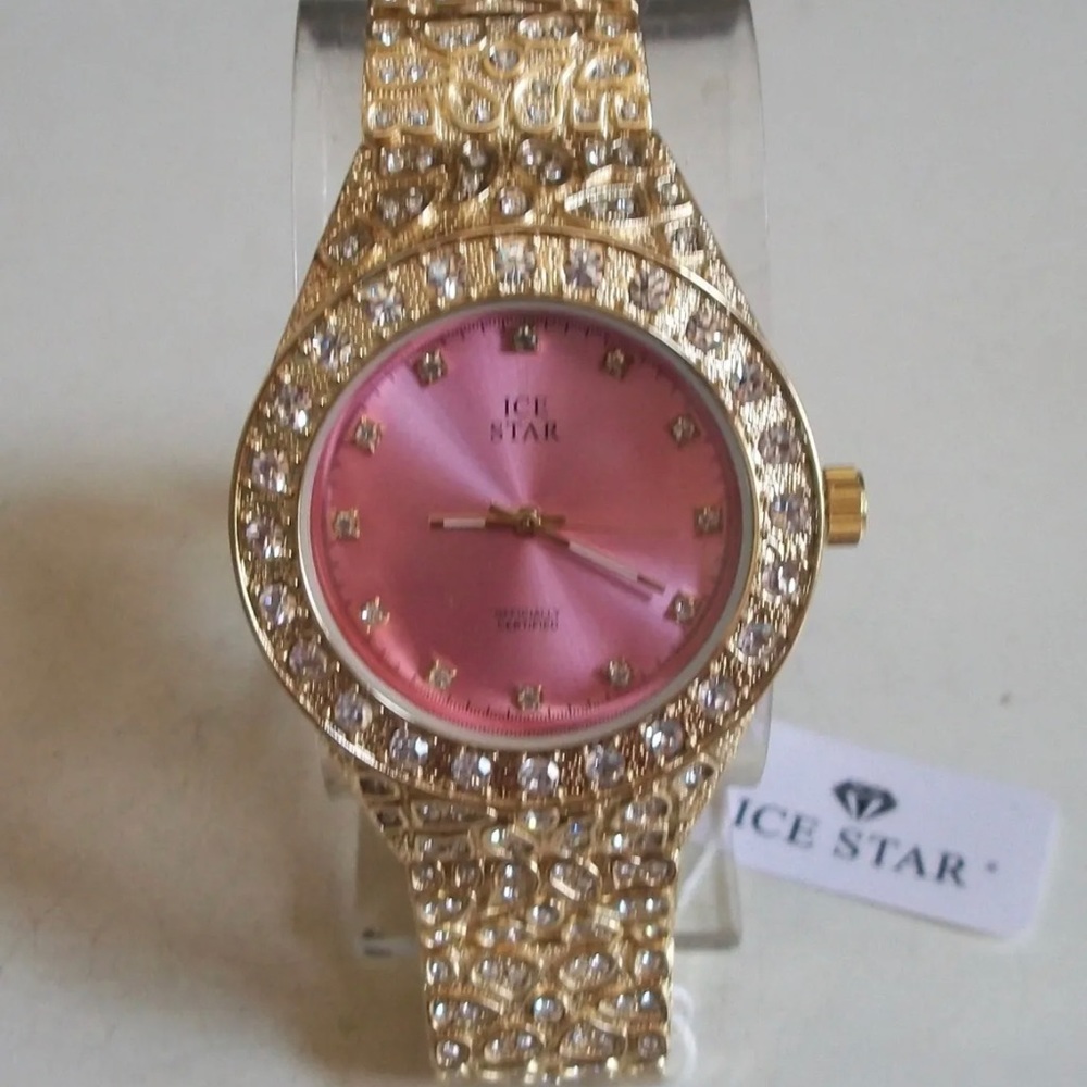 Men's Ice Star Gold Finish Pink Dial Nugget Style Bracelet Fashion Watch